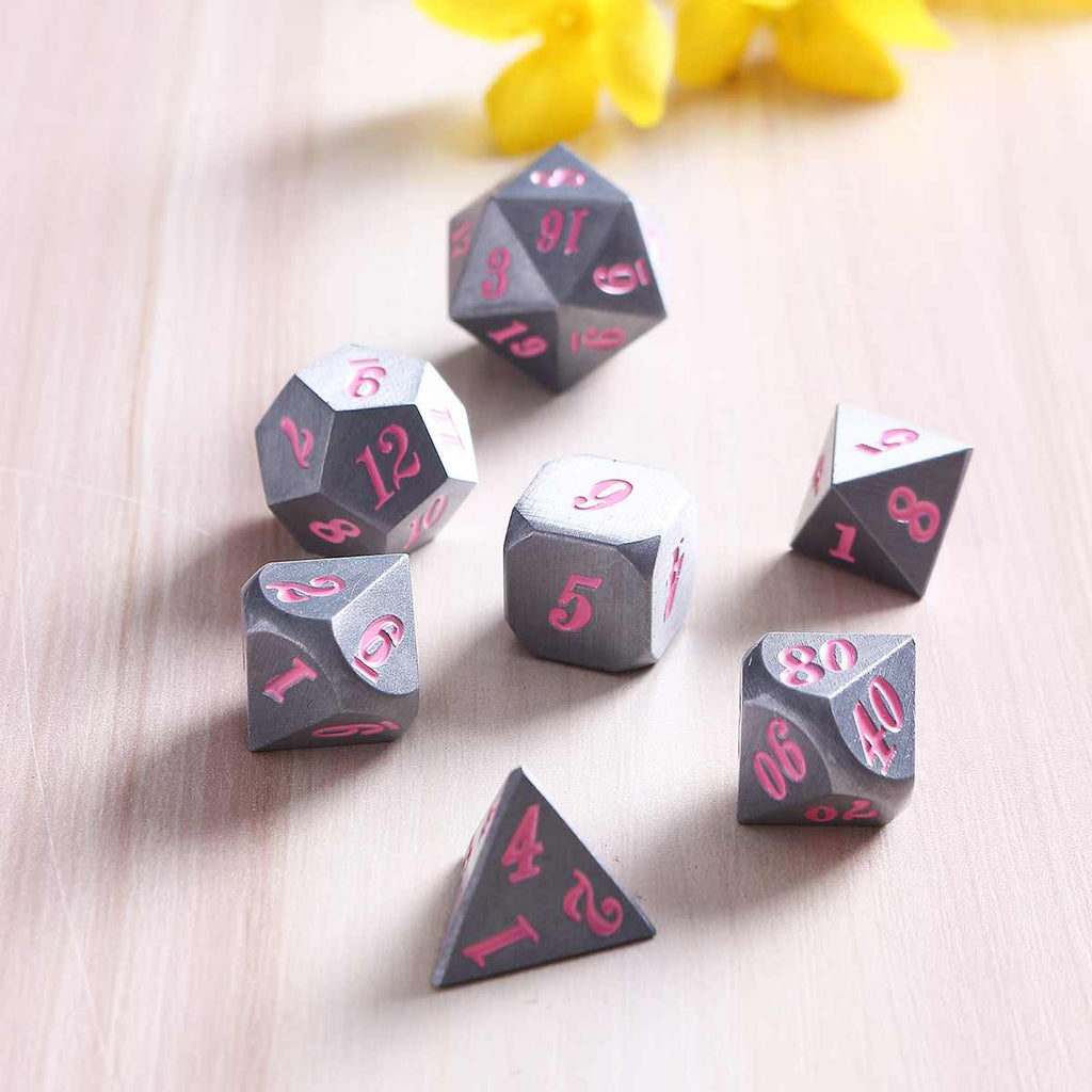 Solid Metal Silver Dice with Pink Lettering